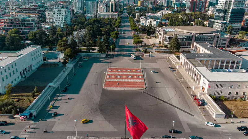 Skanderbeg Square in the middle of Tirana, seen from above, with the city around it